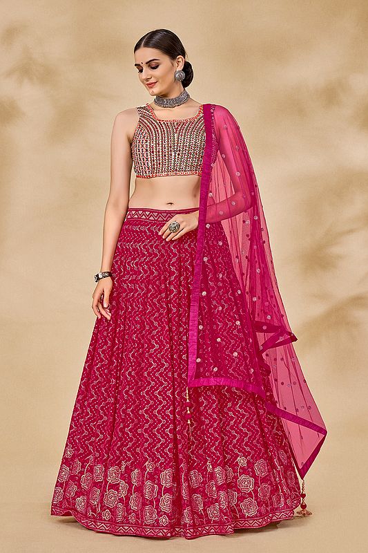 White-Fuschia Georgette Lehenga With Thread-Mirror-Sequin Floral All-Over Work On Choli