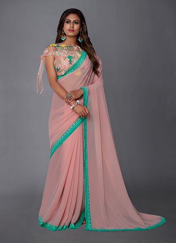 Baby-Pink Georgette Saree With Sequins-Lace Work And Floral Embroidered Organza Blouse