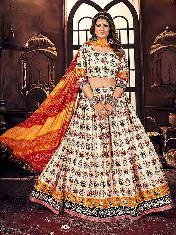 Cream Cotton Multicolor Satin Digital Print Navratri Lehenga Choli With Side Chain - Dori And Leheriya Orange Muslin Dupatta
