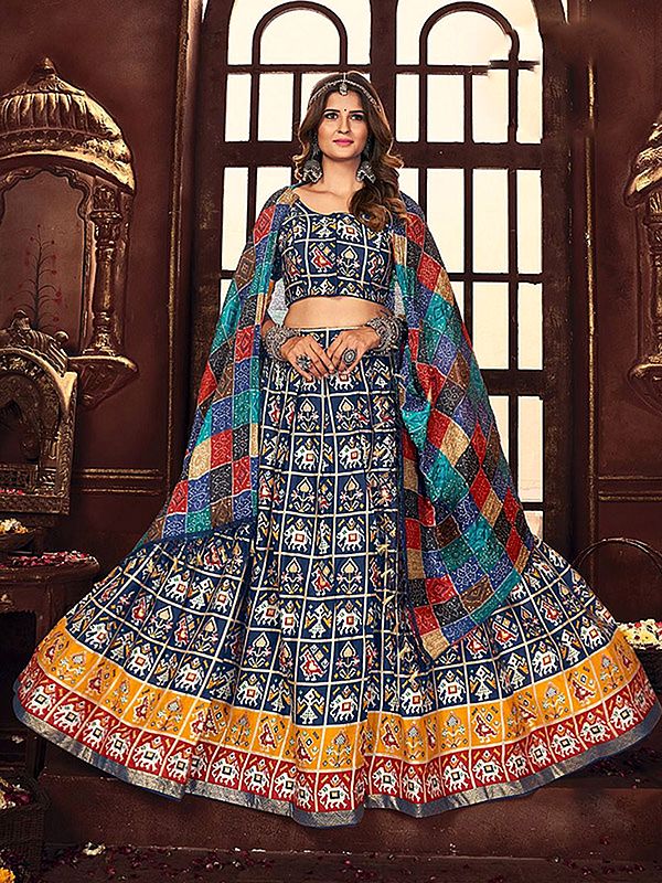 Navy-Blue Cotton Satin Digital Print Navratri Lehenga Choli With Side Chain - Dori And Muslin Dupatta