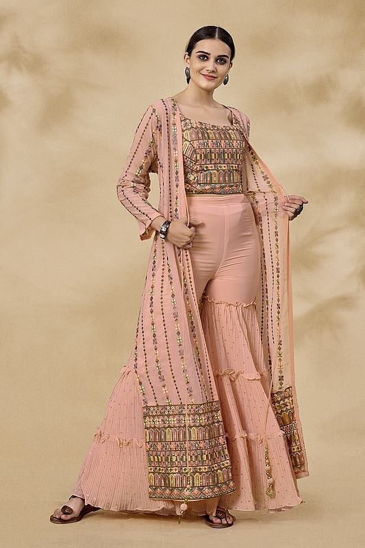 Peach Georgette Sharara Set With Floral Resham-Zari-Mirror-Sequin All-Over Work On Jacket And Blouse