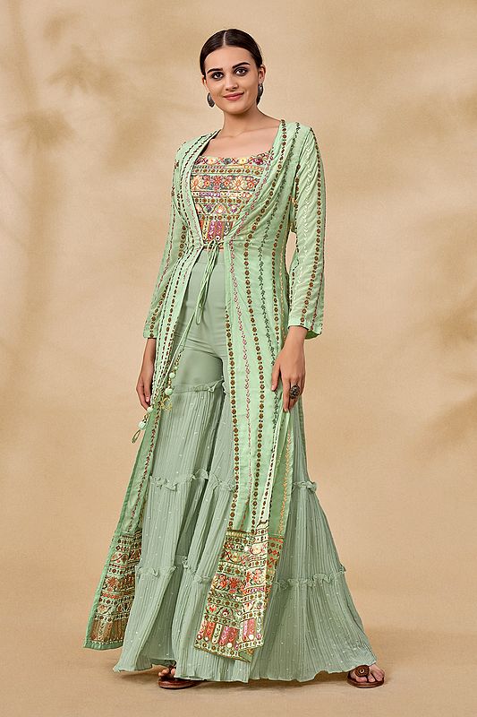 Pista-Green Georgette Sharara Set With Floral Resham-Zari-Mirror-Sequin All-Over Work On Jacket And Blouse