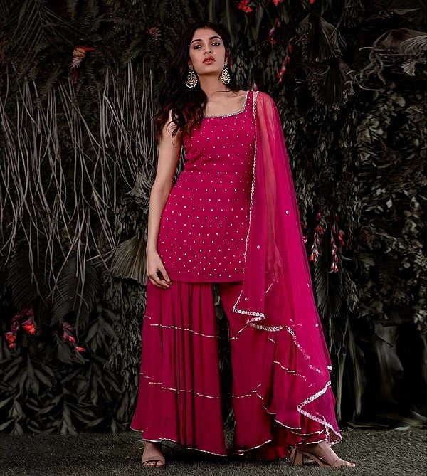 Fuschia Georgette Suit-Sharara Set With All-Over Mukaish Work And Soft-Net Dupatta