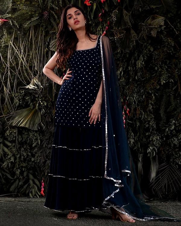 Navy-Blue Georgette Suit-Sharara Set With All-Over Mukaish Work And Soft-Net Dupatta