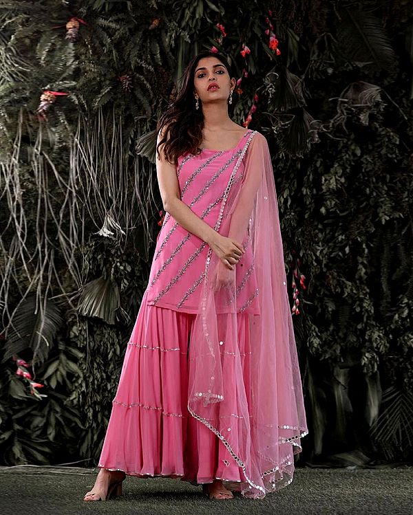 Pink-Power Georgette Suit-Sharara Set With All-Over Zari-Sequins Work And Soft-Net Dupatta