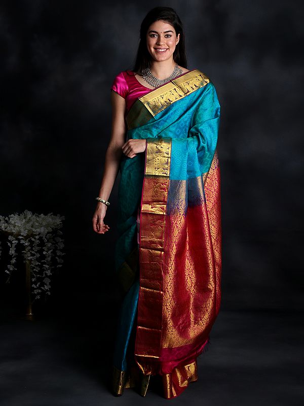 Multicolor Handloom Uppada Pure Silk Saree from Karnataka with Animal Figurine Brocaded Border