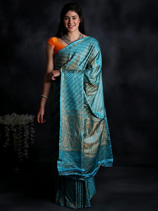 Aqua Handloom Banarasi Meenakari Pure Dupion Silk Saree With All-Over Contrast Floral Pattern