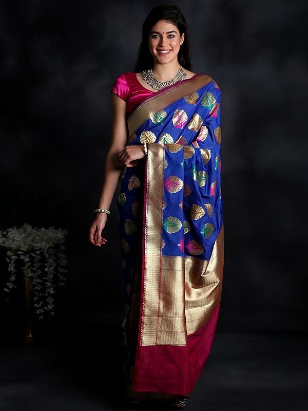 Royal-Blue Uppada Silk Saree with Zari Motif and Contrast Rich Pallu from Karnataka