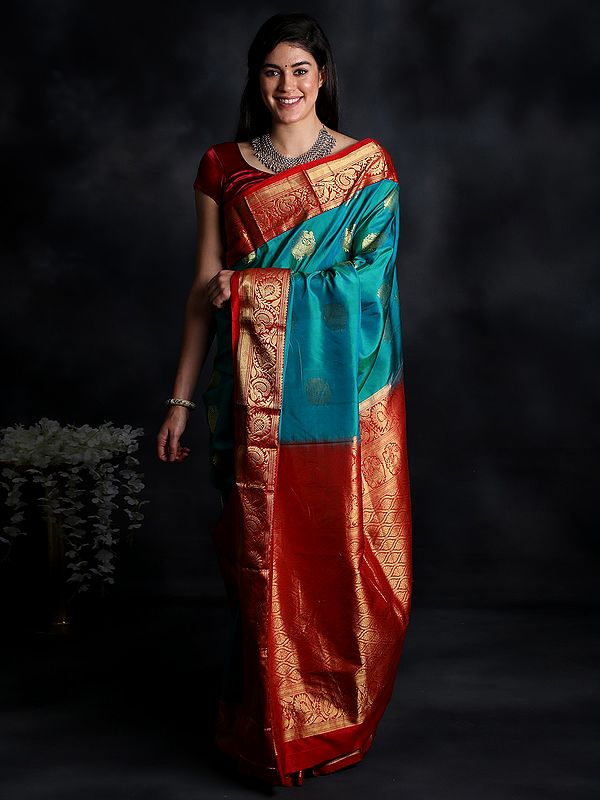 Multicolor Handloom Pure Uppada Silk Sari from Karnataka with Brocaded Peacock Border