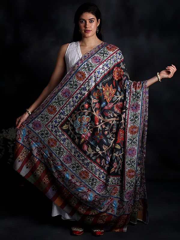 Pure Wool Shawl from Kashmir with Kalamkari with Ari-Embroidery