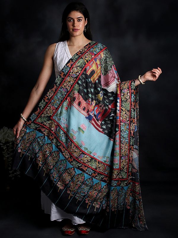 Pure Wool Shawl from Kashmir with Kalamkari Hand-Embroidered Depicting Royal Garden | Handwoven