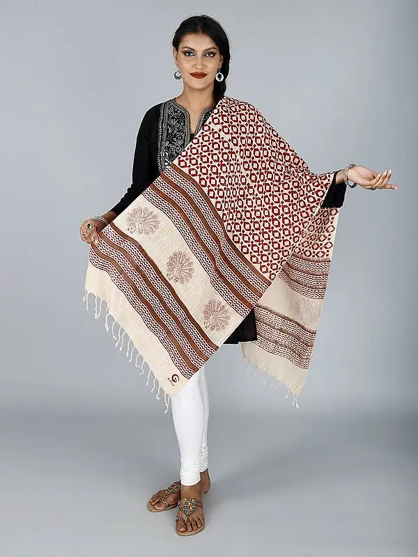 Khadi Stole with Abstract and Peacock Print Pattern from ISKCON Vrindavan by BLISS