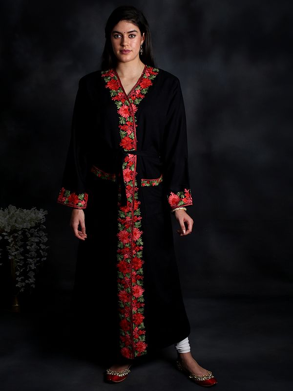 Black-Onyx Kashmiri Robe with Aari Hand-Embroidered Flowers From Kashmir