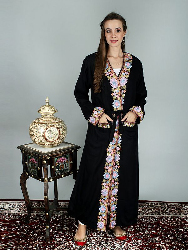 Enamel-Blue Kashmiri Robe with Aari Hand-Embroidered Flowers From Kashmir