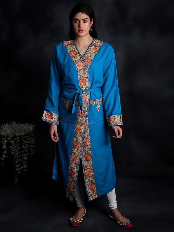 Enamel-Blue Kashmiri Robe with Aari Hand-Embroidered Flowers From Kashmir