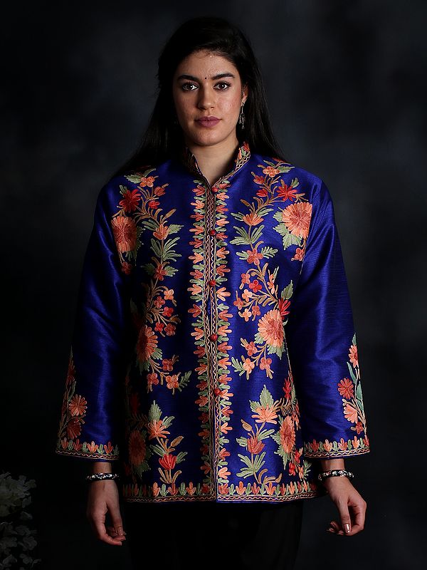 Royal-Blue Art Silk Short Jacket From Kashmir With Aari-Embroidered Flowers