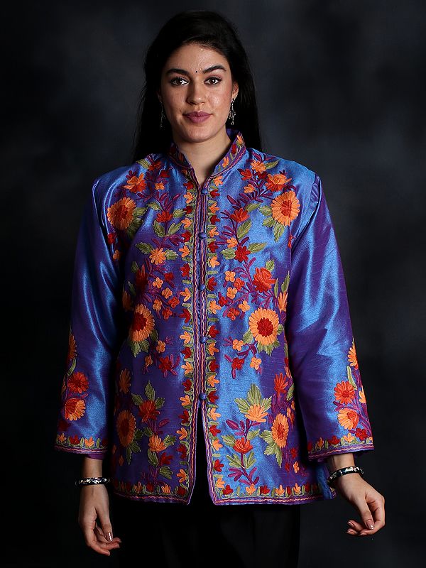 Persian-Jewel Art Silk Short Jacket From Kashmir With Aari-Embroidered Flowers