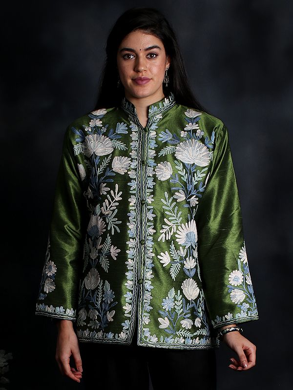 Forest-Green Art Silk Short Jacket From Kashmir With Aari-Embroidered Flowers