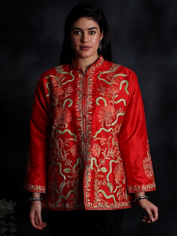 Molten-Lava Art Silk Short Jacket From Kashmir With Aari-Embroidered Flowers
