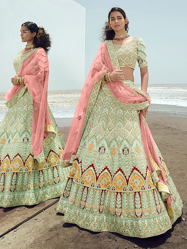 Pastel-Green Georgette Lehenga Choli With Dori-Thread-Zarkan Work And Soft Net Dupatta