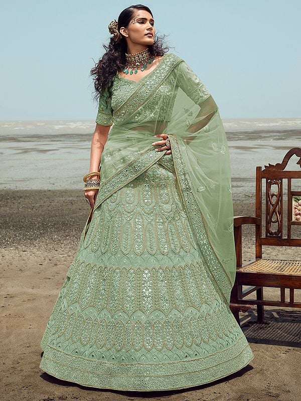 Green Organze Lehenga Choli With Gota-Thread-Zarkan Work And Soft Net Dupatta