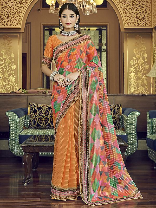 Jurassic-Gold Georgette Saree with Sequins, Thread and Abstract Print