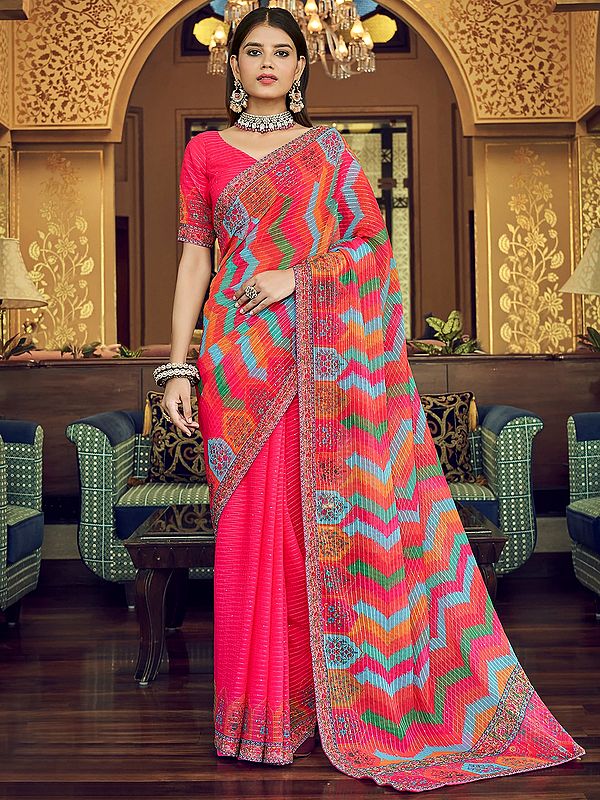 Fuschia Georgette Saree with Sequins, Thread and Abstract Print
