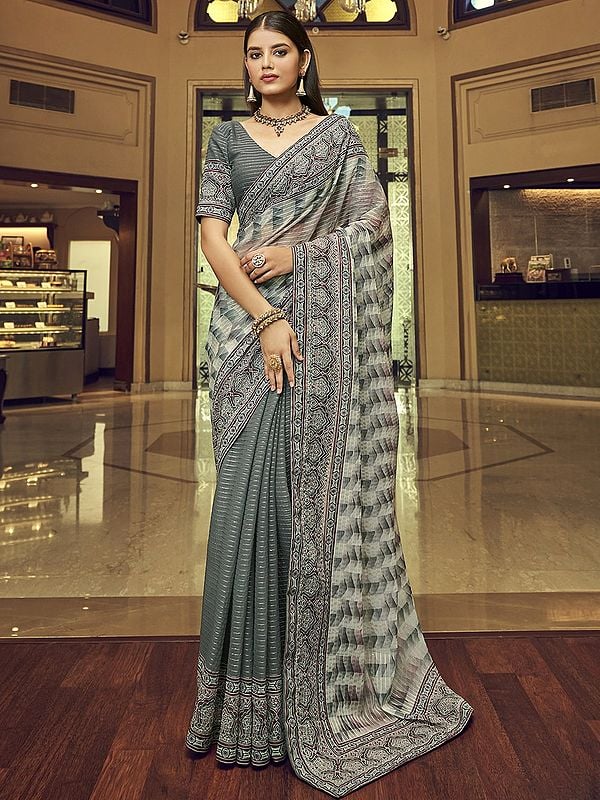 Gray Georgette Saree with Sequins, Thread and Abstract Print