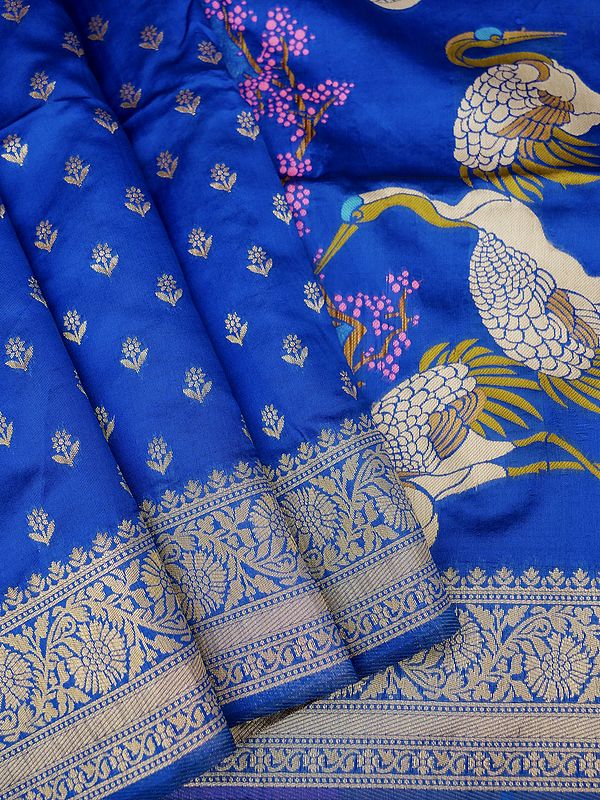 Dazzling-Blue Silky Banarasi Saree With Brocaded Floral Motif