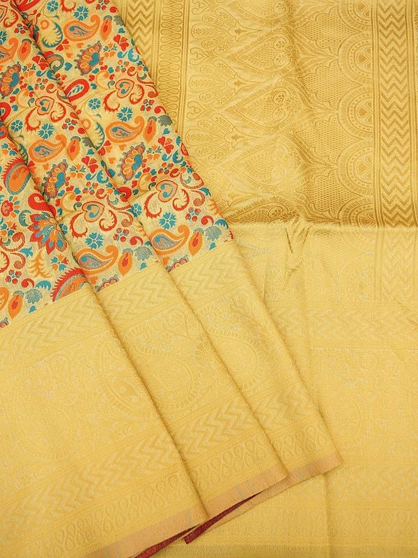 Banana-Yellow Pashmina Silk Banarasi Saree With Brocaded Floral Motif