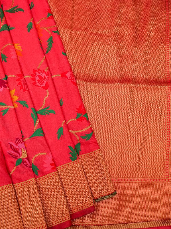 Banarasi Art Silk Saree With Multicolor Floral Vine Motif
