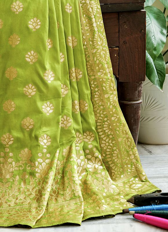Parrot-Green Gota Patti Silk Banarasi Saree With Brocaded Floral Motif