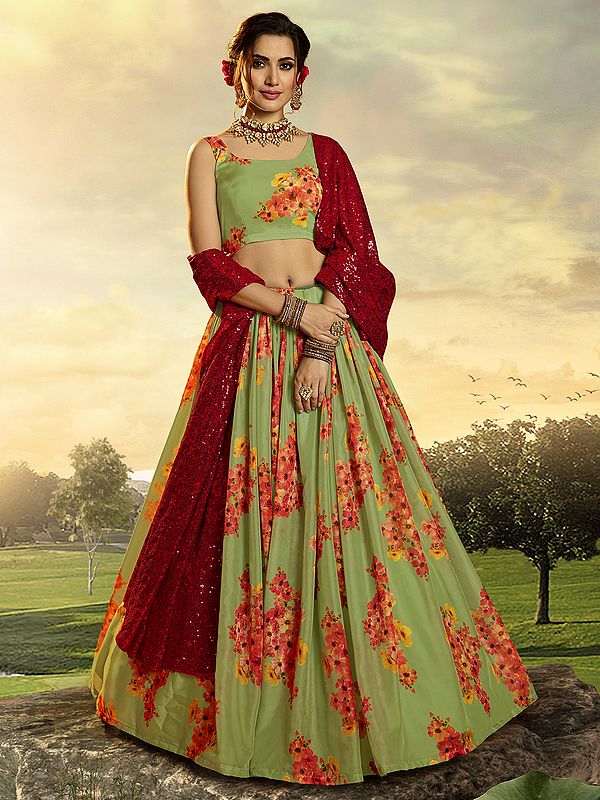 Light-Green Lehenga Choli with Digital Print Floral Motif and All-Over Sequins Work Dupatta