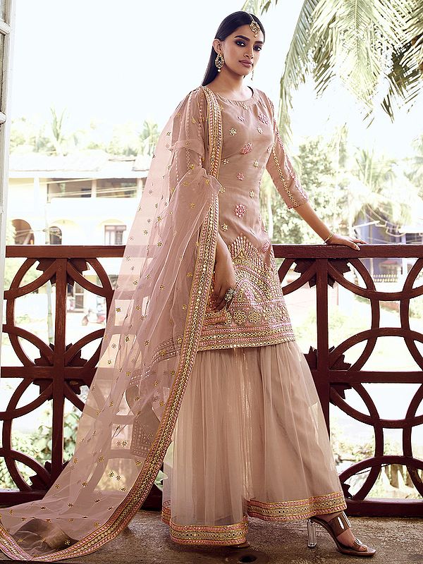 Light Peach Organza Sharara Suit With Thread, Foil Mirror Work And Soft Net Dupatta