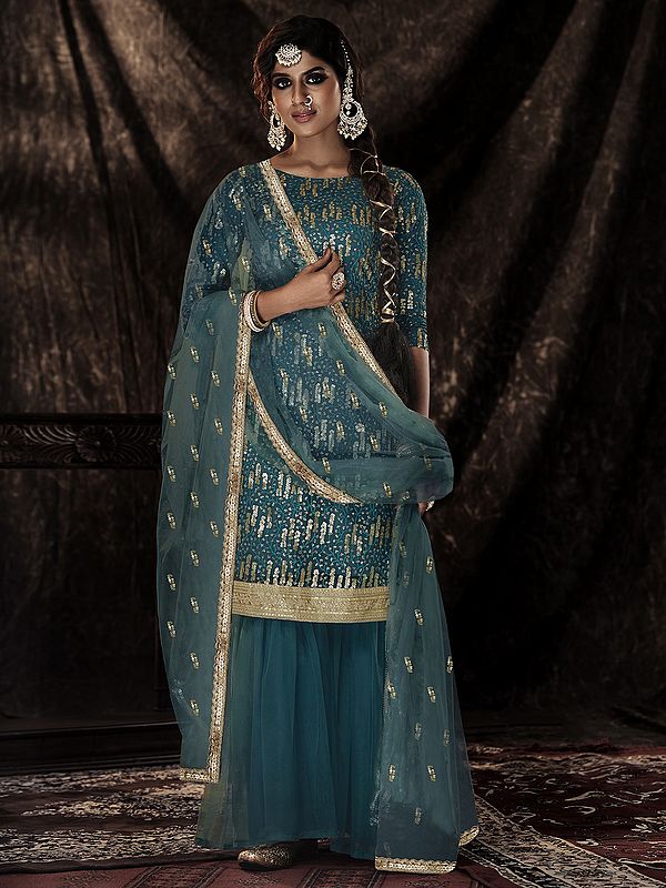 Dark-Firozi Soft Net Sharara Suit With Sequins Work And Soft Net Dupatta