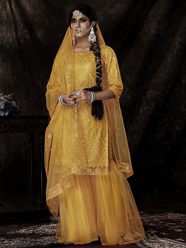 Mustard Soft Net Sharara Suit With Sequins Work And Soft Net Dupatta