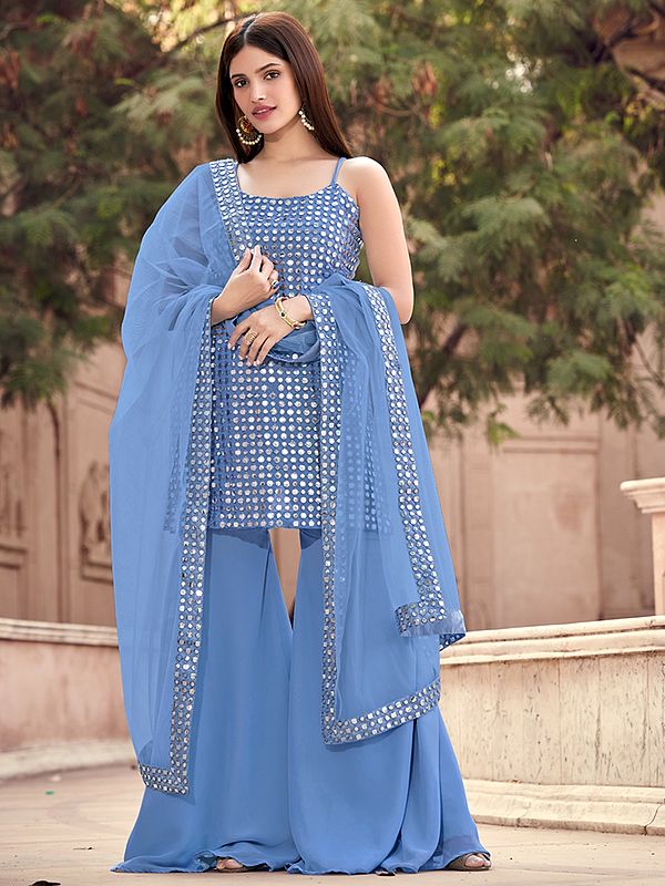 Grey Georgette Sharara Suit With Gota And Thread Work