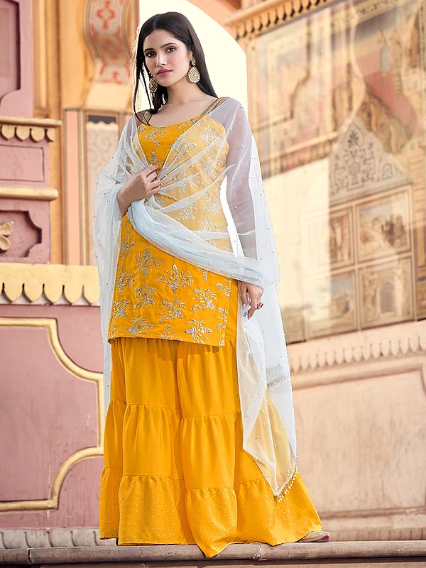 Mustard Crepe Sharara Suit With Zari And Sequins Work