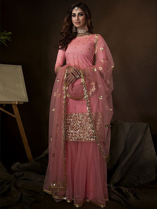 Pink Soft Net Sharara Suit With Sequin Work And Soft Net Dupatta