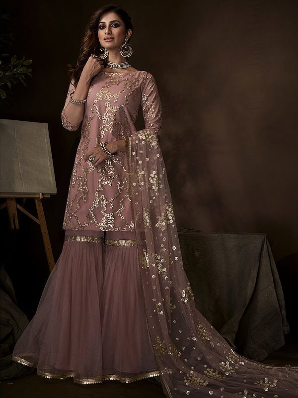 Purple Soft Net Sharara Suit With Sequin, Thread Work And Soft Net Dupatta
