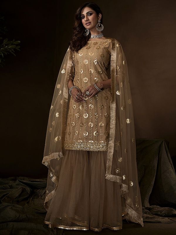 Beige Soft Net Sharara Suit With Sequin Work And Soft Net Dupatta