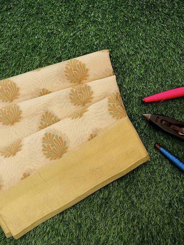 Beige Cotton Banarsi Saree With Resham Kelp Butta And Zari Paisley Border