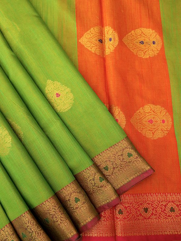 Lime-Punch Banarasi Dupion Art Silk Saree With All-Over Floral Butta