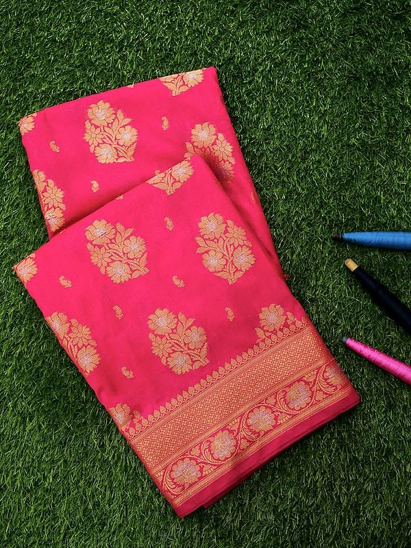 Pink-Peacock Banarasi Katan Art Silk Saree With All Over Zari Brocaded Butta
