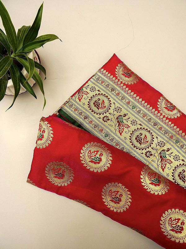 Poppy-Red Art Silk Banarasi Saree With Brocaded All-Over Peacock Motif And Contrasting Bottle-Green Pallu