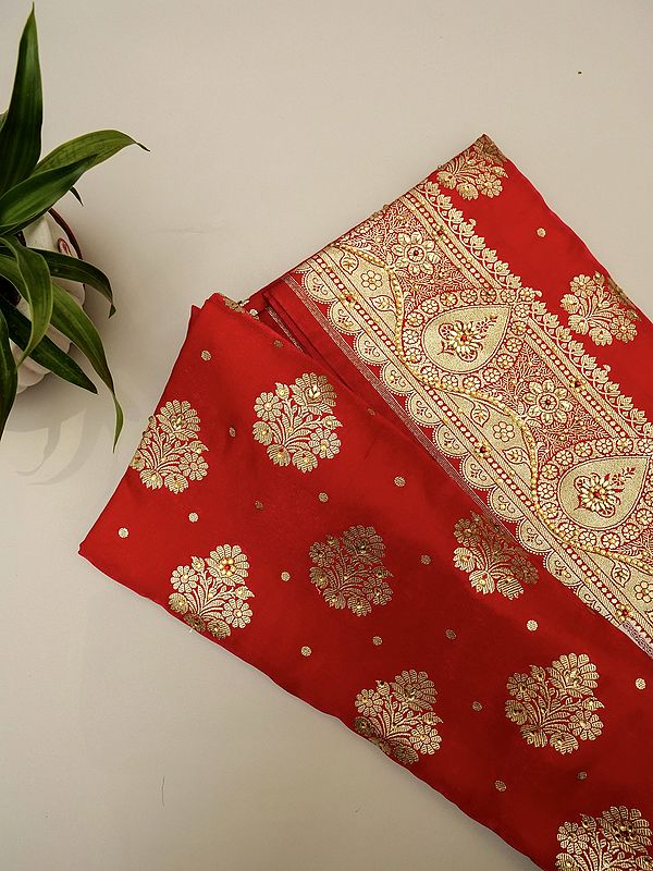 Scarlet Banarasi Art Silk Saree With Self Buta, Stone Embellished And Brocaded Floral Border