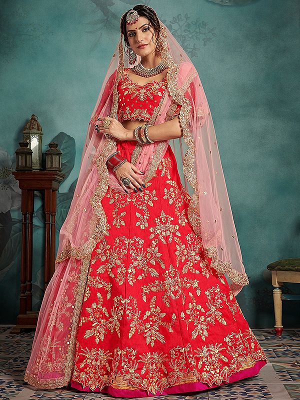 Red Pure Tafetta Lehenga Choli with Thread-Sequins Embroidery and Pink Soft Net Dupatta
