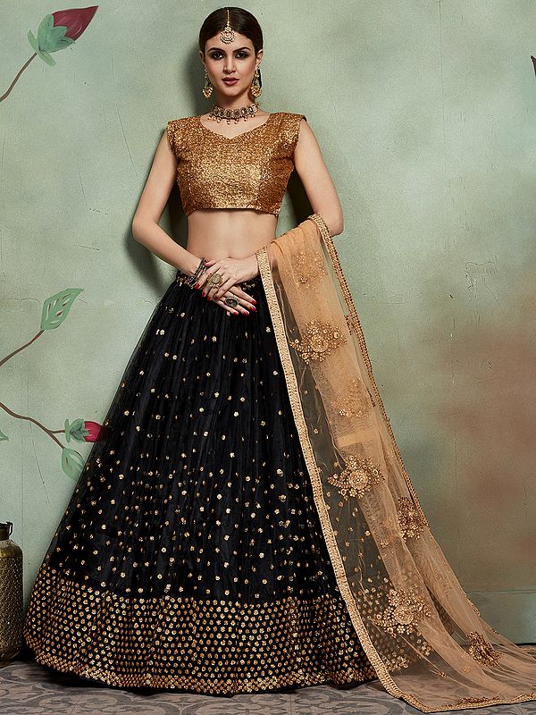 Embroidered Chinon Chiffon Lehenga in Shaded Black and Grey : LCZ133