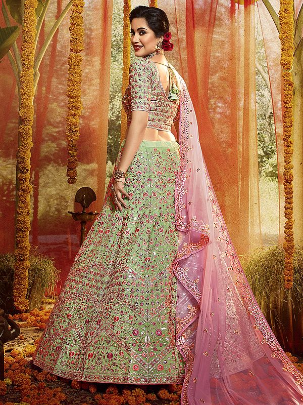 Pista Green and Pink Embroidered Lehenga - Indian Heavy Anarkali Lehenga  Gowns Sharara Sarees Pakistani Dresses in USA/UK/Canada/UAE - IndiaBoulevard