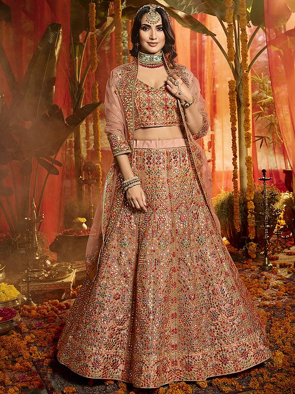 Coral-Peach Organza Lehenga Choli with All-over Embroidery and Scalloped Dupatta